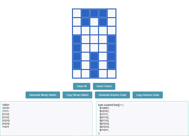 The binary matrix code is automatically generated. You can copy and paste this to your Arduino sketch.