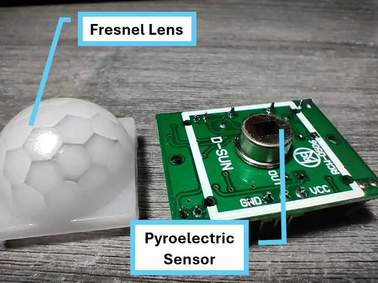 You can see the pyroelectric sensor if you remove the Fresnel lens.