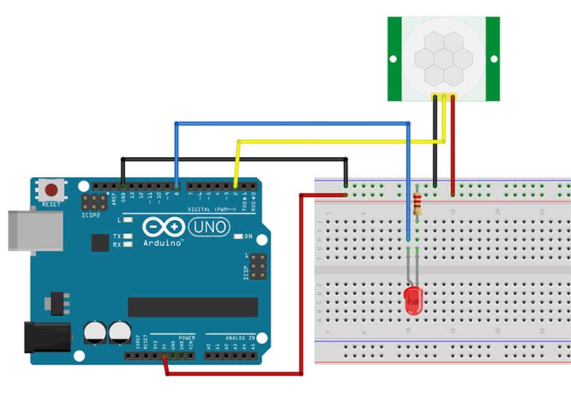 PIR and LED breadboard circuit