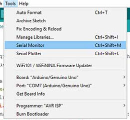 The Serial Monitor can be opened from the Tools menu.