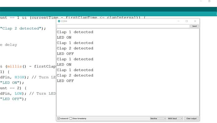 The Serial Monitor of the Clap Switch Project