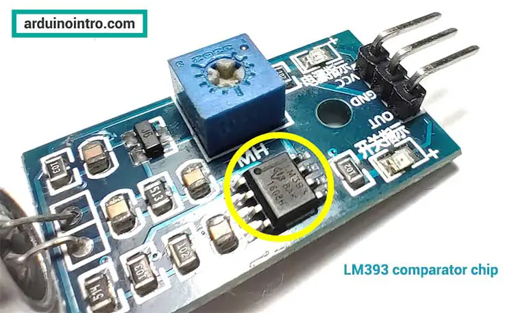 The LM393 comparator chip of the sound sensor.